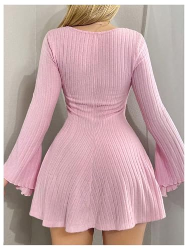 Women's Bell Long Mini Dress Bow Front Square Neck A Line Knit Dresses