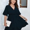 Plus Size Casual Summer Dress for Women Swiss Dot Wrap V Neck Ruffle Sleeve Smock Boho Mini Dress