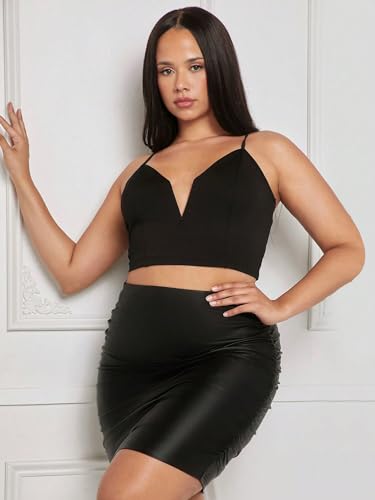 Women's Plus Size High Waist Ruched Pu Leather Stretch Bodycon Skirt