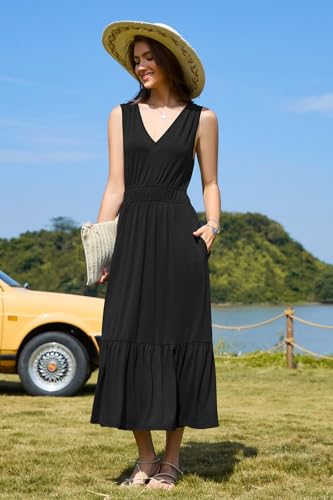 Women's 2025 Summer Dress Vacation V Neck Sleeveless Midi Dress Tiered Tank Swing Sundress with Pockets