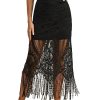Women's Boho Solid Fringe Hem Lace See through High Waisted Casual Overlay Long Skirt