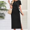 Women 2025 Summer Casual Dress Tie Waist T Shirt Short Sleeve Beach Crew Neck Slit Maxi Trendy