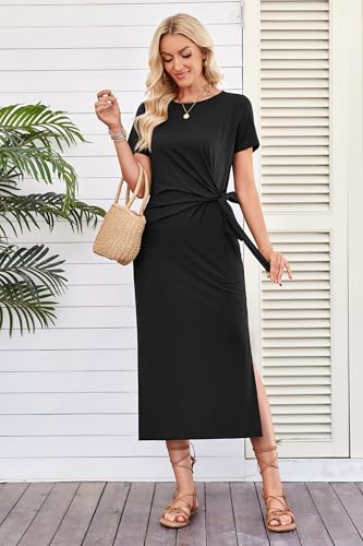 Women 2025 Summer Casual Dress Tie Waist T Shirt Short Sleeve Beach Crew Neck Slit Maxi Trendy