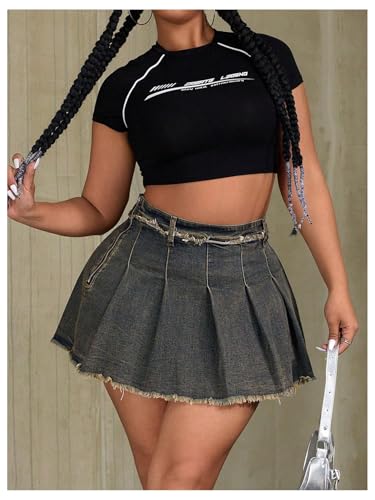Women's Plus Size Pleated Mini Denim Skirt Y2k Frayed Hem A Line Skirt