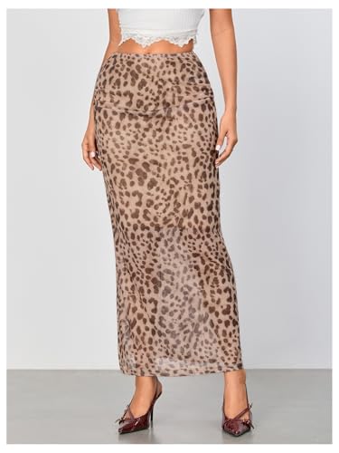Women's Leopard Print Mesh Skirt Ruched Split Thigh Low Waist Maxi Skirts