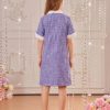 Girl's Pearls Trim Tweed Contrast Collar Button Front Short Sleeve Casual Dress