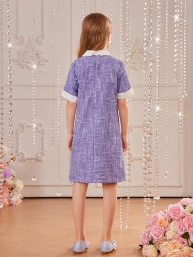 Girl's Pearls Trim Tweed Contrast Collar Button Front Short Sleeve Casual Dress