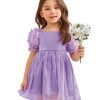Girl's Cute Appliques Short Puff Sleeve Square Neck Dress Ruffle Trim Knee Length Dress