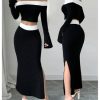 Women's 2 Piece Split Fishtail Skirt Set Monochrome Off Shoulder Top Outfit