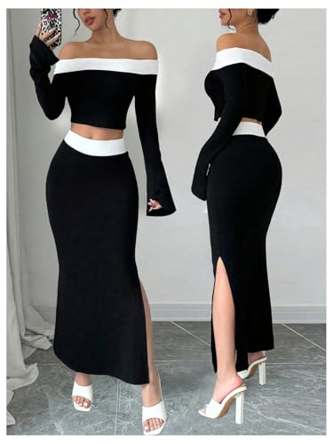 Women's 2 Piece Split Fishtail Skirt Set Monochrome Off Shoulder Top Outfit