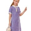 Girl's Pearls Trim Tweed Contrast Collar Button Front Short Sleeve Casual Dress