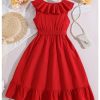 Girl's Ruffle Trim Wrap V Neck Sleeveless Dress Party Belted A Line Dresses