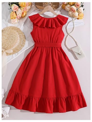 Girl's Ruffle Trim Wrap V Neck Sleeveless Dress Party Belted A Line Dresses
