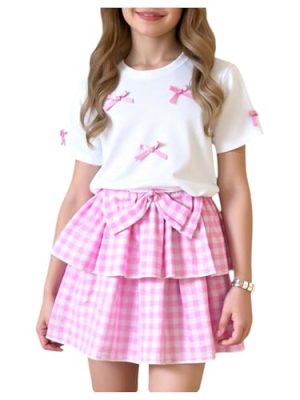 Girl's 2 Piece Bow Outfits Cute Short Sleeve T Shirts and Layered Ruffle Plaid Skirt Set