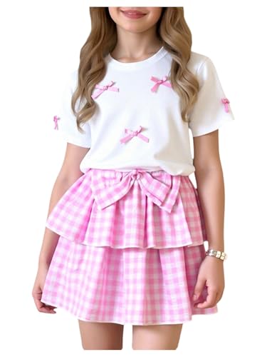 Girl's 2 Piece Bow Outfits Cute Short Sleeve T Shirts and Layered Ruffle Plaid Skirt Set