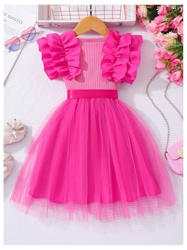 Toddler Girl's Bow Ruffle Cap Sleeve Mesh Dress Birthday Party Belted Swing Dresses