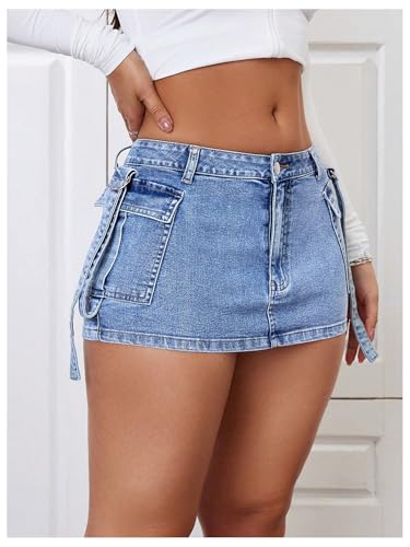 Women's Low Rise Button Stretch Y2k Bodycon Mini Denim Skirt with Pockets