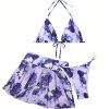 Women's 3 Piece Halter Triangle Bikini Marble Print Swimsuits and Coverup Skirt