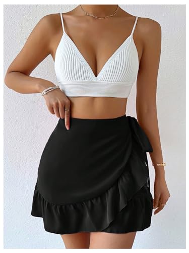 Women's High Waist Knot Front Ruffle Hem Wrap Skirt