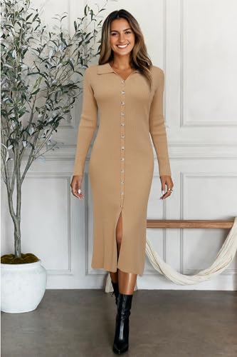 Womens Sweater Dress Fall Teacher Oufits 2025 Long Sleeve Business Casual Bodycon Split Ribbed Knit Midi Dresses