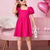 Toddler Girl's Square Neck Short Puff Sleeve A Line Flared Tie Back Cute Mini Dress