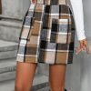 Women's Plaid Patchwork Zipper Front High Waist Mini Skirt with 2 Pockets