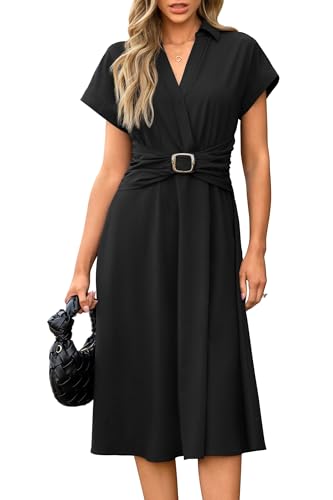 Womens Wear to Work Teacher Business Casual Dress Funeral Midi Dresses Button Down Office Clothes with Pockets