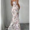 Women's Floral Mesh Bodycon Maxi Dress Frill Trim Sleeveless Fishtail Cami Dresses