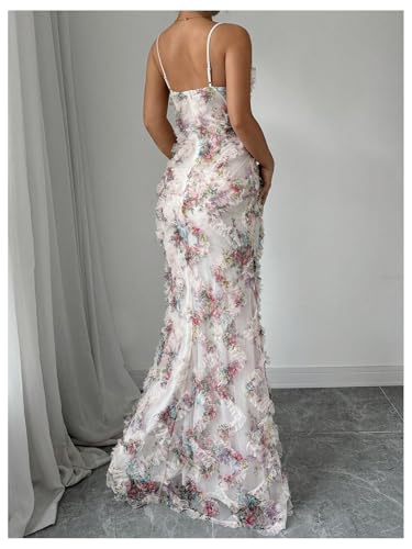 Women's Floral Mesh Bodycon Maxi Dress Frill Trim Sleeveless Fishtail Cami Dresses