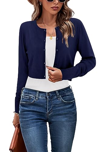 Cropped Cardigan Sweaters for Women 2025 Crew Neck Button Down Open Front Knit Bolero Shrugs