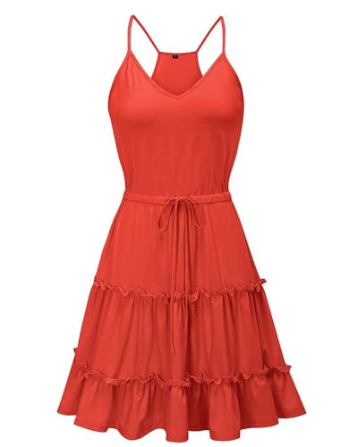 Women's 2025 Summer Dress Spaghetti Strap Casual Boho Beach Vacation Outfits Drawstring Ruffle Hem Sundress Trendy