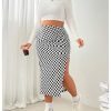 Women's Plus Size Checkered Split Thigh Midi Skirt Ruched High Waisted Bodycon Skirts