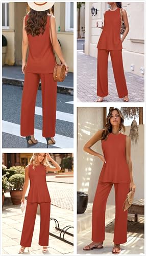 Womens Summer 2 Piece Outfits Ribbed Knit Tank Tops Wide Leg Pants Lounge Set Matching Tracksuit 2024 Spring Fashion