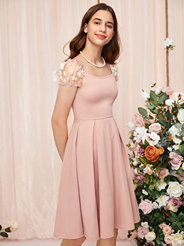 Girl's Appliques Mesh Puff Sleeve Square Neck Ruffle Hem Dress