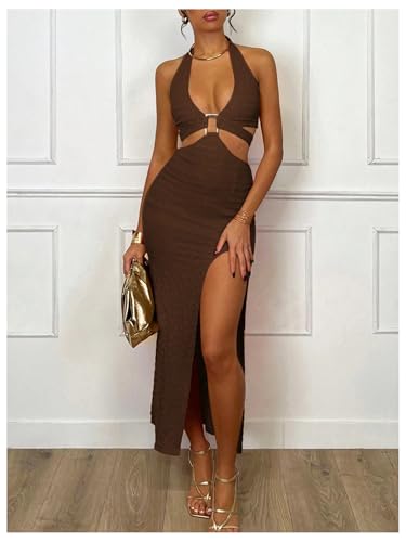 Women's Cut Out Halter Bodycon Dress Backless Side Slit Prom Long Dresses