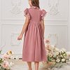 Girl's Ruffle Trim Layered Sleeve Lace Pleated Lapel Zipper Collar Button Front Casual Dress