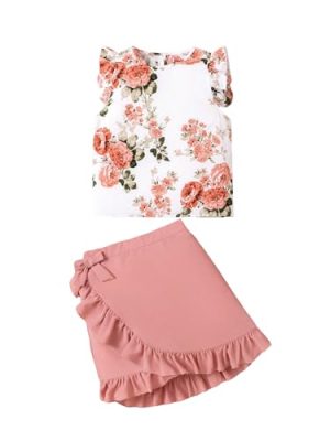 Girl's 2 Piece Floral Print Tank & Skirt Set Ruffle Sleeve Tanks and Wrap Front Skirts Summer Outfits