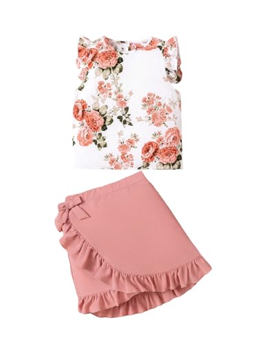 Girl's 2 Piece Floral Print Tank & Skirt Set Ruffle Sleeve Tanks and Wrap Front Skirts Summer Outfits