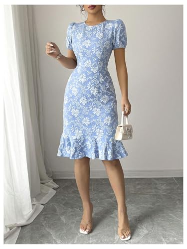 Women's Floral Fishtail Bodycon Dress Puff Sleeve Knee Length Cocktail Party Dresses