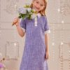 Girl's Pearls Trim Tweed Contrast Collar Button Front Short Sleeve Casual Dress