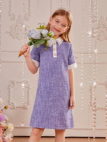 Girl's Pearls Trim Tweed Contrast Collar Button Front Short Sleeve Casual Dress