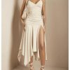 Women's Ruffle High Slit Asymmetrical Midi Skirt High Waisted Ruched A Line Skirt