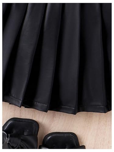 Toddler Girl's 2 Piece Outfits Button Collar Tank Top Pleated Pu Leather Aline Skirt Set