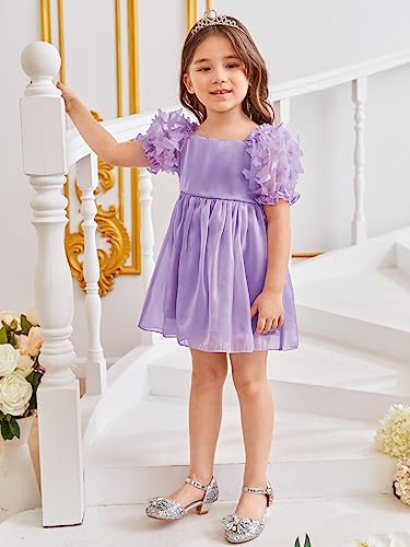 Girl's Cute Appliques Short Puff Sleeve Square Neck Dress Ruffle Trim Knee Length Dress