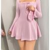 Women's Bell Long Mini Dress Bow Front Square Neck A Line Knit Dresses