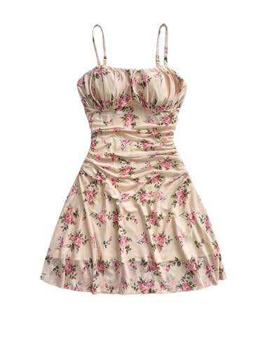 Women's Plus Size Boho Floral Cami Dress Ruched Spaghetti Strap A Line Short Dresses