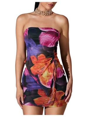 Women's 2 Piece Outfits Floral Print Drawstring Asymmetrical Tube Top and Bodycon Mini Skirt Set