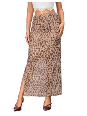 Women's Leopard Print Mesh Skirt Ruched Split Thigh Low Waist Maxi Skirts