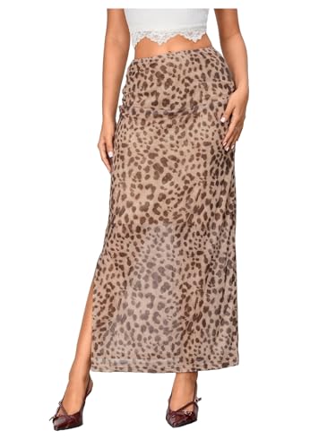 Women's Leopard Print Mesh Skirt Ruched Split Thigh Low Waist Maxi Skirts