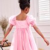 Girl's Mesh Short Puff Sleeve Square Neck High Waist Flared Hem Zipper A Line Dress